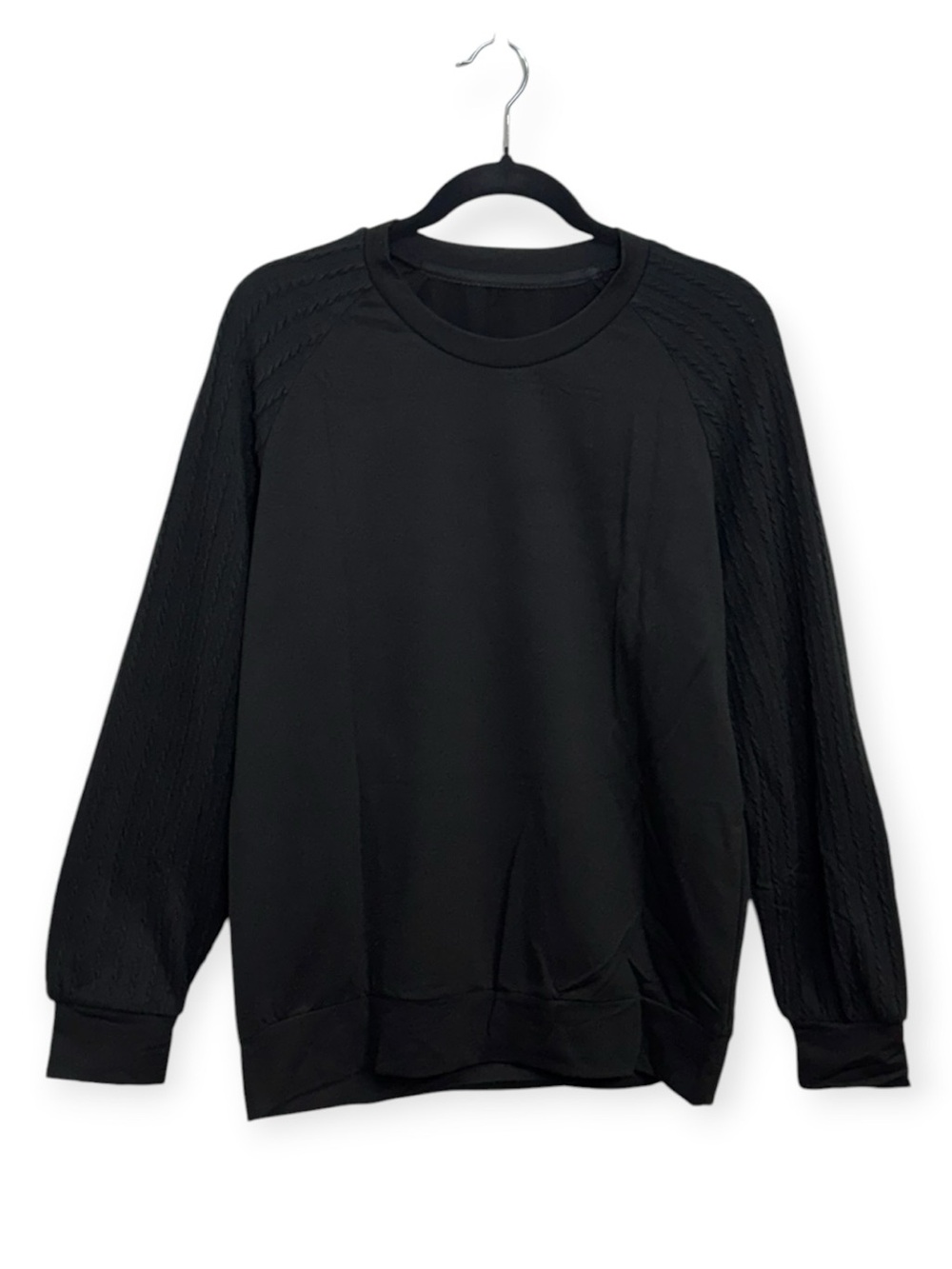 Women’s Black‎ Crewneck Sweater with Cabled Knit Sleeves